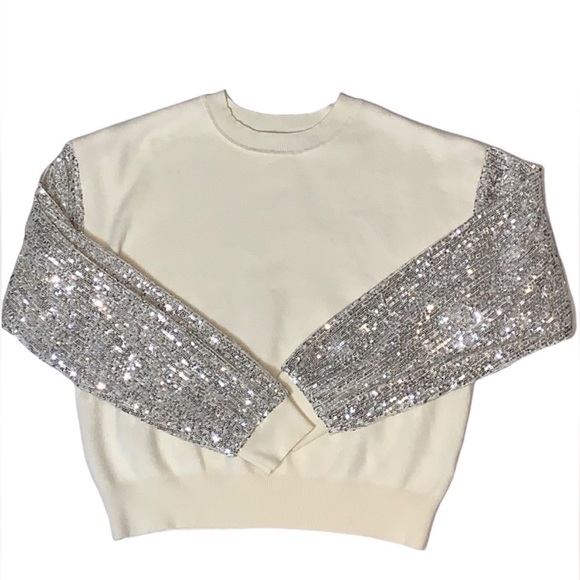 LUSH Sequin Sleeve Sweater Silver Cream Coquette Comfy Cozy Winter Sparkly Small - Picture 5 of 15